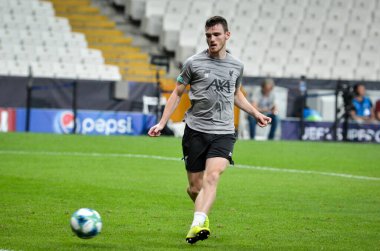 İstanbul, Türkiye - 14 Ağustos 2019: Andrew Robertson Uefa Süper Kupası Finallerinden önce Liverpool ile Chelsea arasında Vodafone Park, Vodafone Arena, Türkiye