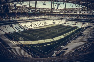 İstanbul, Türkiye - 14 Ağustos 2019: Türkiye 'nin Vodafone Arena kentinde oynanan Uefa Süper Kupası Finalleri öncesinde Vodafone Arenawith stadyumunun genel görünümü