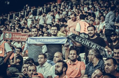 Istanbul, Turkey - August 14, 2019: Liverpool Football fans and spectators during the UEFA Super Cup Finals match between Liverpool and Chelsea at Vodafone Park in Vodafon Arena, Turkey