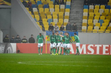 LVIV, UKRAINE - November 07, 2019: AS Saint Etienne celebrate goal scored during the UEFA Europa League match between Alexandria (Ukraine) vs AS Saint Etienne (France), Ukraine