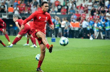 Istanbul, Turkey - August 14, 2019: Trent Alexander-Arnold during the UEFA Super Cup Finals match between Liverpool and Chelsea in Vodafon Arena stadium, Turkey