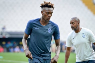 İstanbul, Türkiye - 14 Ağustos 2019: Tammy Abraham ve antrenman oturumu Uefa Süper Kupası Finalleri öncesinde Liverpool ile Chelsea arasında Vodafone Park, Vodafone Arena, Türkiye