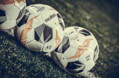LVIV, UKRAINE - November 07, 2019: Official Molten football match Ball for Europa League during the UEFA Europa League match, Ukraine