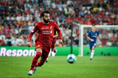 Istanbul, Turkey - August 14, 2019: Mohamed Salah player during the UEFA Super Cup Finals match between Liverpool and Chelsea at Vodafone Park in Vodafone Arena, Turkey