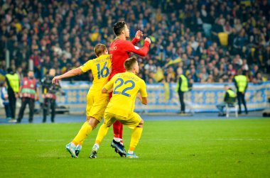 Kyiv, Ukrayna - 14 Ekim 2019: Uefa Euro 2020 ön eleme maçında Ukrayna milli takımı Ukrayna ile Ukrayna milli takımı arasında oynanan Cristiano Ronaldo