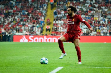 Istanbul, Turkey - August 14, 2019: Mohamed Salah player during the UEFA Super Cup Finals match between Liverpool and Chelsea at Vodafone Park in Vodafone Arena, Turkey