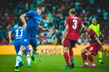 Istanbul, Turkey - August 14, 2019: Olivier Giroud and Fabinho during the UEFA Super Cup Finals match between Liverpool and Chelsea at Vodafone Park in Vodafone Arena, Turkey