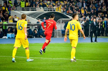 Kyiv, Ukrayna - 14 Ekim 2019: Cristiano Ronaldo, Uefa Euro 2020 ön eleme karşılaşmasında Portekiz, Ukrayna ile oynanan karşılaşmada aldığı penaltı sonrasında atılan golü kutladı