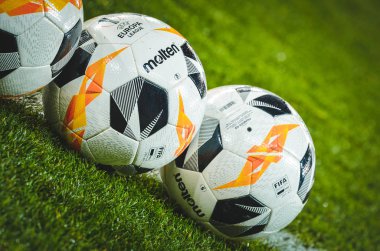 LVIV, UKRAINE - November 07, 2019: Official Molten football match Ball for Europa League during the UEFA Europa League match, Ukraine