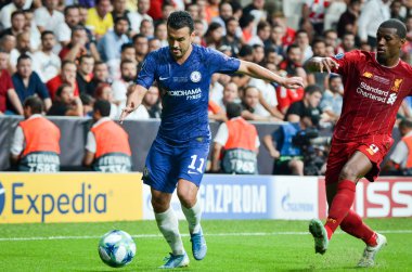 Istanbul, Turkey - August 14, 2019: Pedro and Georginio Wijnaldum during the UEFA Super Cup Finals match between Liverpool and Chelsea at Vodafone Park in Vodafone Arena, Turkey