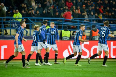 KHARKIV, UKRAINE - December 11, 2019: Atalanta BC  player celebrate goal scored during the UEFA Champions League match between Shakhtar vs Atalanta Bergamasca Calcio BC (Italy), Ukraine