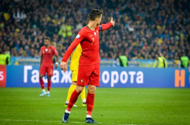 Kyiv, Ukrayna - 14 Ekim 2019: Uefa Euro 2020 ön eleme maçında Ukrayna milli takımı Ukrayna ile Ukrayna milli takımı arasında oynanan Cristiano Ronaldo