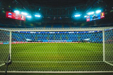 SAINT-PETERSBURG, RUSSIA - November 16, 2019: General view of the Gazprom Arena stadium behind the gate during UEFA EURO 2020 qualifying match between national team Russia against Belgium, Russia