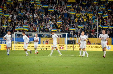 Dnipro, Ukrayna - 10 Eylül 2019: Ukrayna futbolcusu, Ukrayna milli takımı Ukrayna 'nın Nijerya ve Ukrayna' ya karşı oynadığı dostluk maçında attığı golü kutladı