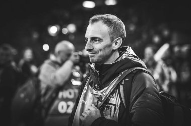 KHARKIV, UKRAINE - September 18, 2019: Journalists and photographers with a camera make report during the UEFA Champions League match, Ukraine