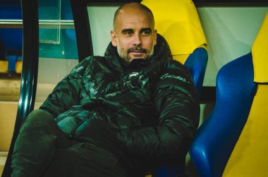 KHARKIV, UKRAINE - September 18, 2019: Pep Guardiola coach during the UEFA Champions League match between Shakhtar Donetsk vs Manchester City (England), Ukraine