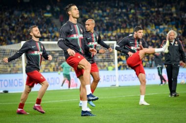 Kyiv, Ukrayna - 14 Ekim 2019: Cristiano Ronaldo ve Uefa Euro 2020 ön eleme maçında Ukrayna ile Portekiz milli takımı Ukrayna arasında oynanan karşılaşma
