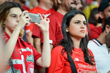 Istanbul, Turkey - August 14, 2019: Liverpool Football fans and spectators during the UEFA Super Cup Finals match between Liverpool and Chelsea at Vodafone Park in Vodafon Arena, Turkey