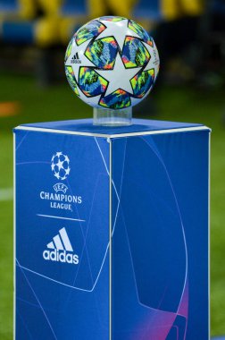 KHARKIV, UKRAINE - September 18, 2019: Champions League official soccer ball on the podium closeup during the UEFA Champions League match between Shakhtar Donetsk vs Manchester City. Ukraine