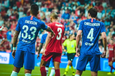 Istanbul, Turkey - August 14, 2019: Emerson and Andreas Christensen during the UEFA Super Cup Finals match between Liverpool and Chelsea at Vodafone Park in Vodafone Arena, Turkey