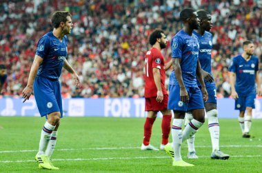 İstanbul, Türkiye - 14 Ağustos 2019: Türkiye 'nin Vodafone Arena kentindeki Vodafone Park' ta Liverpool ile Chelsea arasında oynanan Uefa Süper Kupası Finalleri sırasında futbolcu