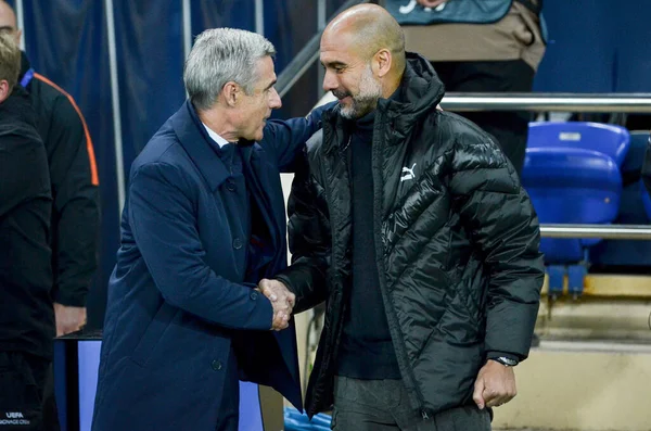 Kharkiv Ucrania Septiembre 2019 Pep Guardiola Entrenador Luis Castro Hugging —  Fotos de Stock