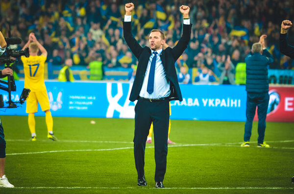 KYIV, UKRAINE - October 14, 2019: Ukraine national football team and Coach Andriy Shevchenko celebrates victory over Portugal and first place in group EURO 2020, Ukraine