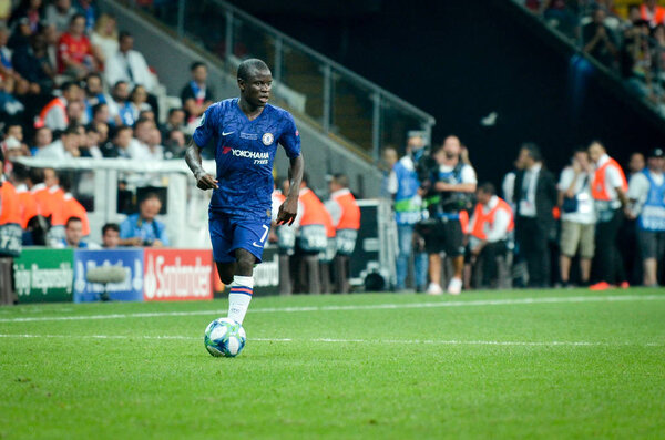 Istanbul, Turkey - August 14, 2019: N'Golo Kante player during the UEFA Super Cup Finals match between Liverpool and Chelsea at Vodafone Park in Vodafone Arena, Turkey