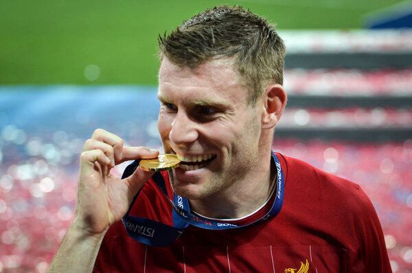 Istanbul, Turkey - August 14, 2019:  James Milner with his gold medal during the UEFA Super Cup Finals match between Liverpool and Chelsea at Vodafone Park in Vodafone Arena, Turkey