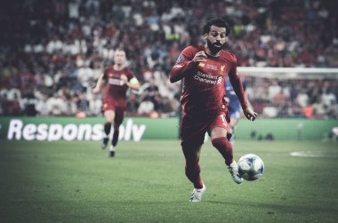 Istanbul, Turkey - August 14, 2019: Mohamed Salah player during the UEFA Super Cup Finals match between Liverpool and Chelsea at Vodafone Park in Vodafone Arena, Turkey