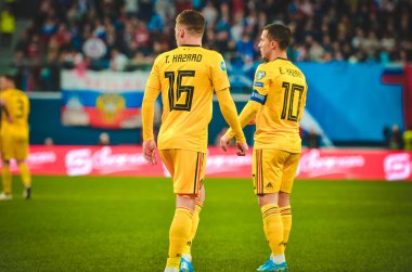 SAINT-PETERSBURG, RUSSIA - November 16, 2019: Thorgan Hazard and  Eden Hazard during UEFA EURO 2020 qualifying match between national team Russia against Belgium national team, Russia