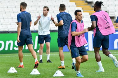 İstanbul, Türkiye - 14 Ağustos 2019: Pedro ve Uefa Süper Kupası Finalleri öncesinde Vodafone Arena, Türkiye 'deki Vodafone Park' ta Liverpool ve Chelsea arasında oynanan antrenman oturumu