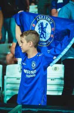 Istanbul, Turkey - August 14, 2019: Chelsea  Football fans and spectators during the UEFA Super Cup Finals match between Liverpool and Chelsea at Vodafone Park in Vodafon Arena, Turkey