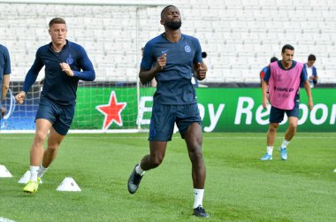 İstanbul, Türkiye - 14 Ağustos 2019: Antonio Rudiger Uefa Süper Kupası Finallerinden önce Liverpool ile Chelsea arasında Vodafone Park, Türkiye 'deki Vodafone Arena' da oynanan karşılaşma