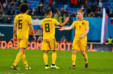 SAINT-PETERSBURG, RUSSIA - November 16, 2019: Belgian national football team celebrate victory  after UEFA EURO 2020 qualifying match between national team Russia against Belgium, Russia