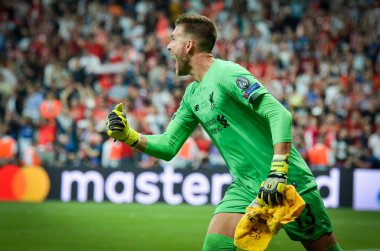 Istanbul, Turkey - August 14, 2019: Adrian celebrates victory in UEFA Super Cup during the UEFA Super Cup Finals match between Liverpool and Chelsea at Vodafone Park, Turkey