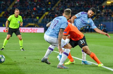 KHARKIV, UKRAINE - September 18, 2019: Nicolas Otamendi and Ismaily during the UEFA Champions League match between Shakhtar Donetsk vs Manchester City (England), Ukraine