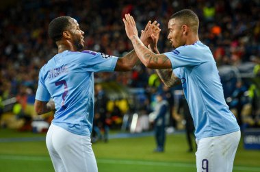 KHARKIV, UKRAINE - September 18, 2019: Raheem Sterling and Gabriel Jesus celebrate goal scored during the UEFA Champions League match between Shakhtar vs Manchester City (England), Ukraine
