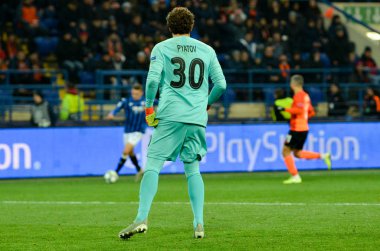 KHARKIV, UKRAINE - December 11, 2019: Pyatov player during the UEFA Champions League match between Shakhtar vs Atalanta Bergamasca Calcio BC (Italy), Ukraine