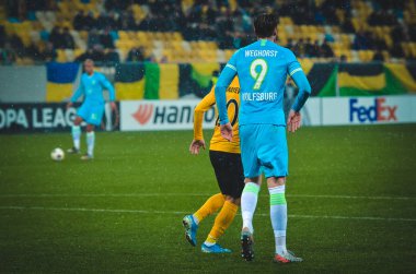 Lviv, Ukrayna - 28 Kasım 2019: Uefa Avrupa Ligi maçında Wout Weghorst oyuncusu Alexandria (Ukrayna) - Wolfsburg (Almanya), Ukrayna