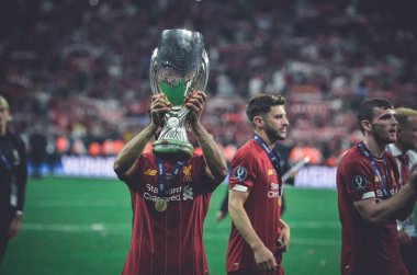 Istanbul, Turkey - August 14, 2019: Mohamed Salah celebrate with UEFA Super Cup 2019 at Vodafone Park in Vodafone Arena, Turkey