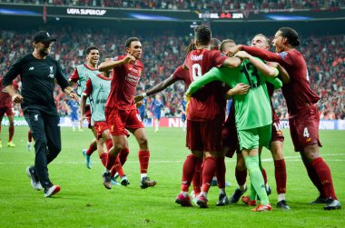Istanbul, Turkey - August 14, 2019: Liverpool  players celebrates victory in UEFA Super Cup during the UEFA Super Cup Finals match between Liverpool and Chelsea at Vodafone Park, Turkey