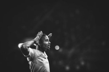 KHARKIV, UKRAINE - September 18, 2019: Portrait Gabriel Jesus celebrate goal scored close up during the UEFA Champions League match between Shakhtar vs Manchester City, Ukraine