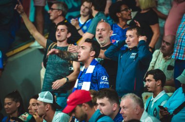Istanbul, Turkey - August 14, 2019: Chelsea  Football fans and spectators during the UEFA Super Cup Finals match between Liverpool and Chelsea at Vodafone Park in Vodafon Arena, Turkey