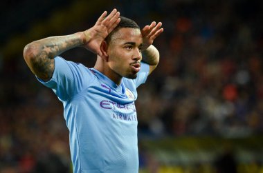 KHARKIV, UKRAINE - September 18, 2019: Portrait Gabriel Jesus celebrate goal scored close up during the UEFA Champions League match between Shakhtar vs Manchester City, Ukraine