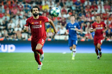 Istanbul, Turkey - August 14, 2019: Mohamed Salah player during the UEFA Super Cup Finals match between Liverpool and Chelsea at Vodafone Park in Vodafone Arena, Turkey
