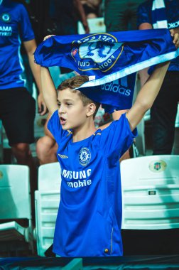 Istanbul, Turkey - August 14, 2019: Chelsea  Football fans and spectators during the UEFA Super Cup Finals match between Liverpool and Chelsea at Vodafone Park in Vodafon Arena, Turkey