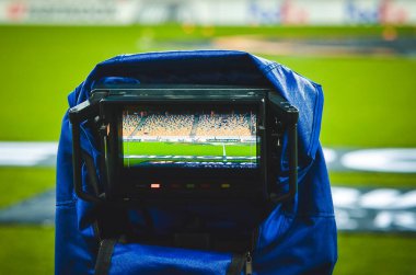 LVIV, UKRAINE - November 07, 2019: TV Camera screen in active mode during the UEFA Europa League match between Alexandria (Ukraine) vs AS Saint Etienne (France), Ukraine