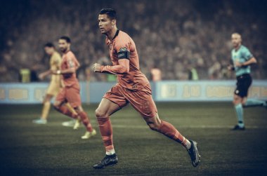 Kyiv, Ukrayna - 14 Ekim 2019: Uefa Euro 2020 ön eleme maçında Ukrayna milli takımı Ukrayna ile Ukrayna milli takımı arasında oynanan Cristiano Ronaldo