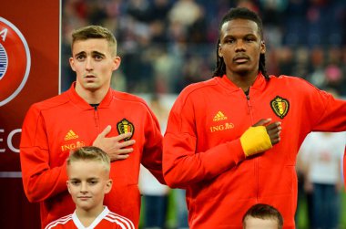 SAINT-PETERSBURG, RUSSIA - November 16, 2019: Dedryck Boyata and Timothy Castagne during UEFA EURO 2020 qualifying match between Russia against Belgium national team, Russia